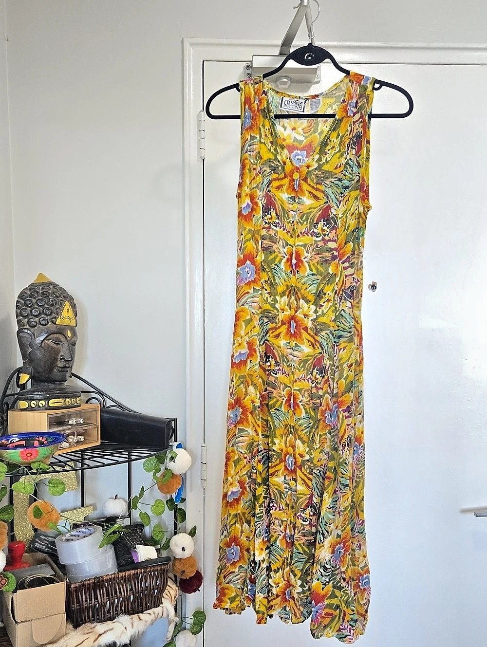 Jasmine Floral Maxi Dress in Yellow & Red Vtg 💛 Small Rayon Boho